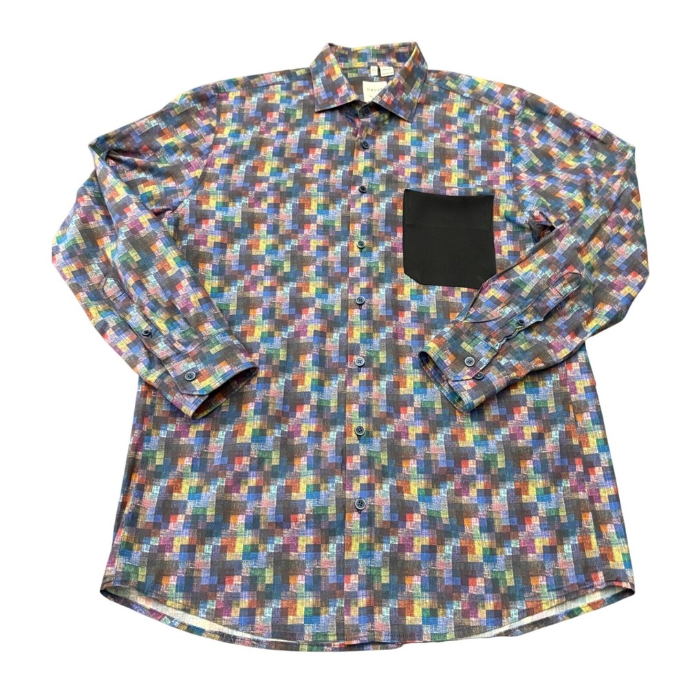 Haupt Germany Pixel Art Print Button Down Shirt Lg 16.5 Modern Fit Long Sleeve